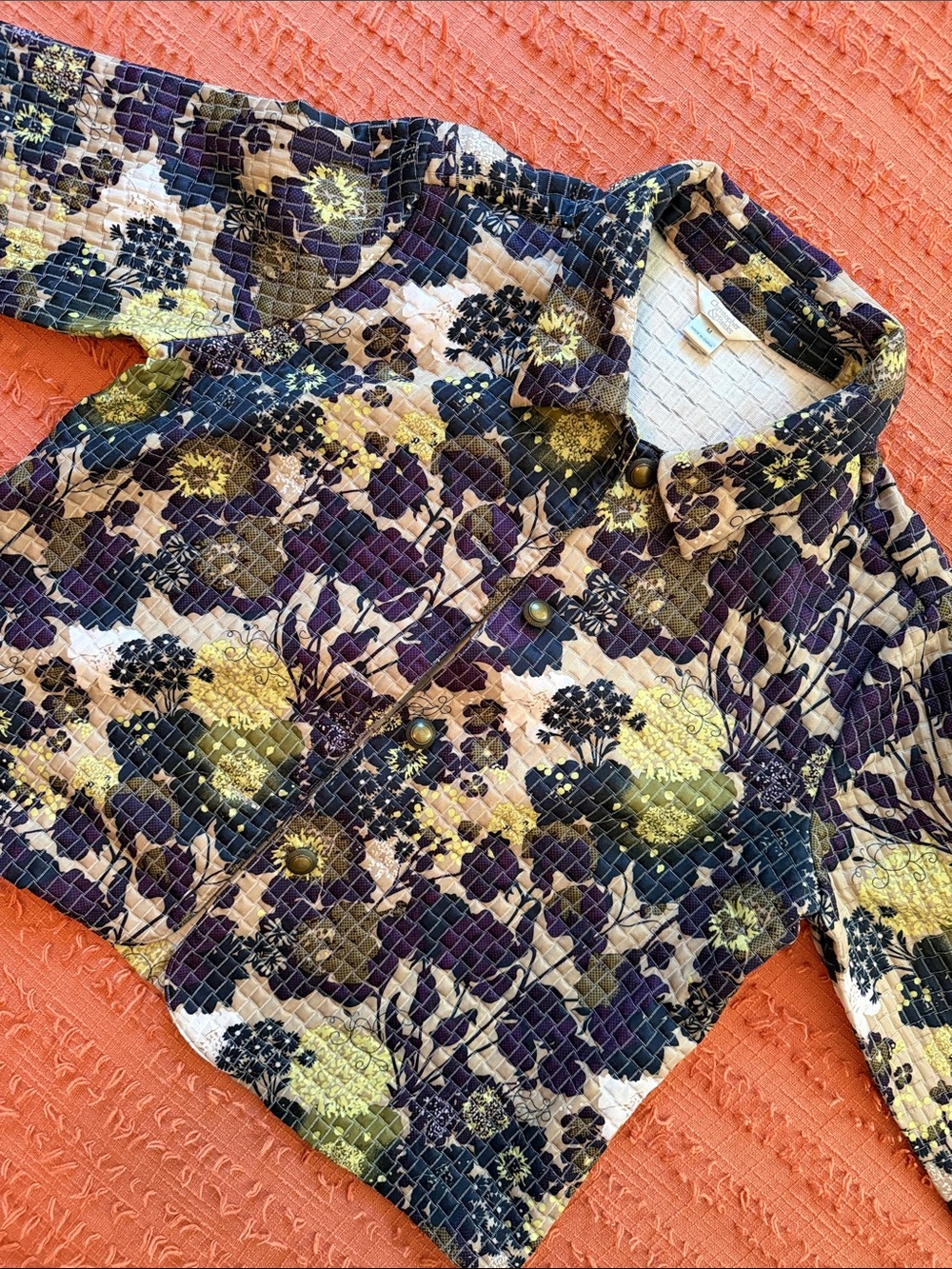 Quilted Floral Button-Front Jacket in Purple, Olive & Cream Metal Buttons